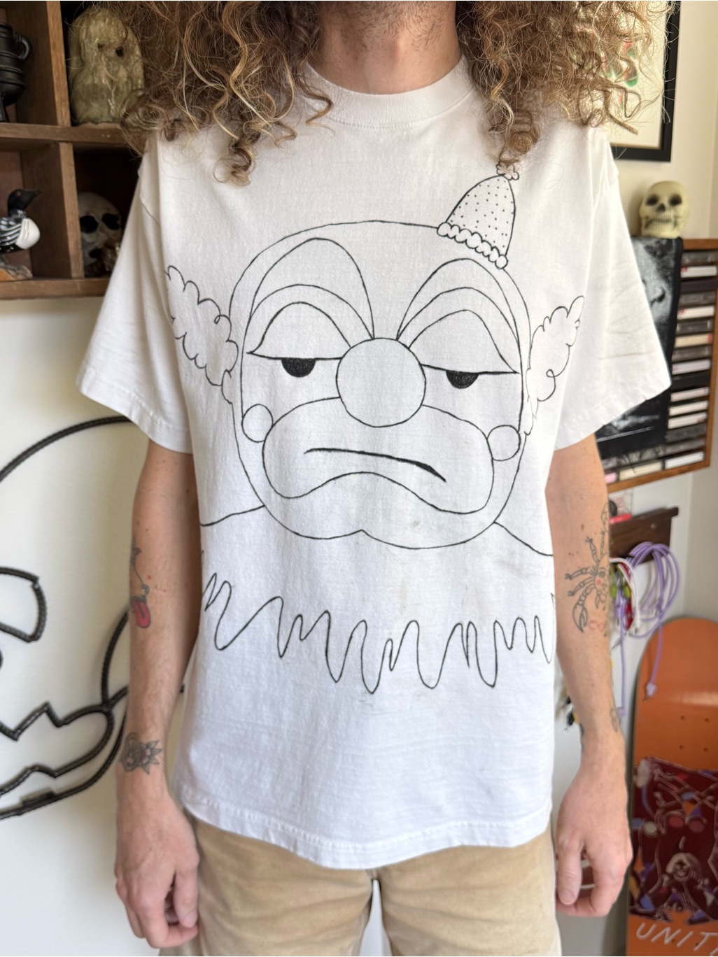 Vintage 90s White Clown Graphic Tee Hand Drawn Streetwear ~ Size Large